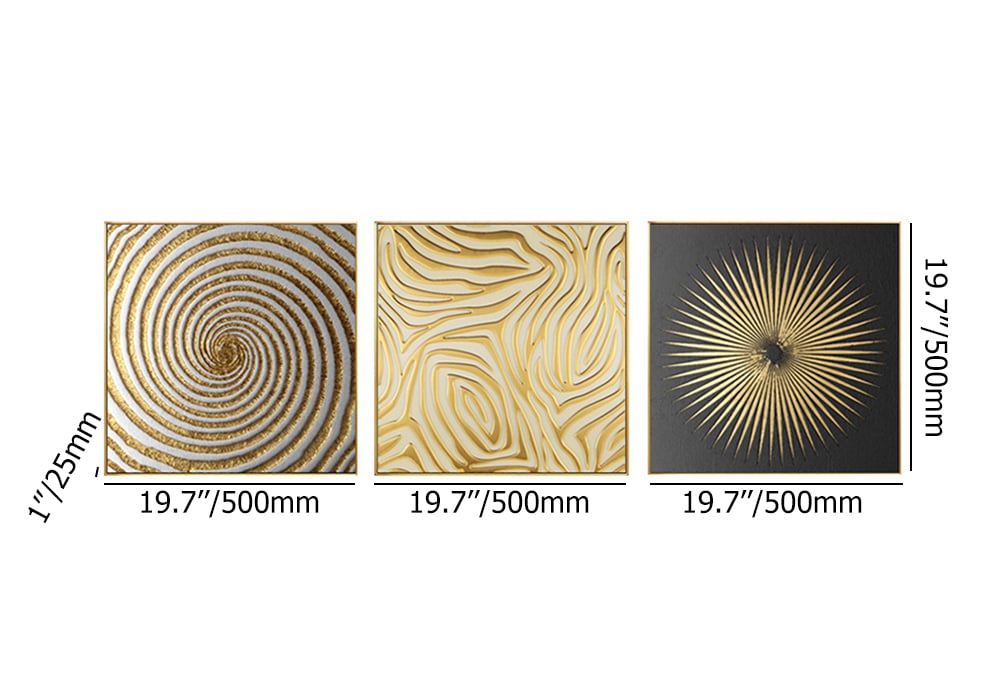 3 Pieces Glam Square Wall Decor Set Canvas Abstract Art with Frame in Gold & Black - 