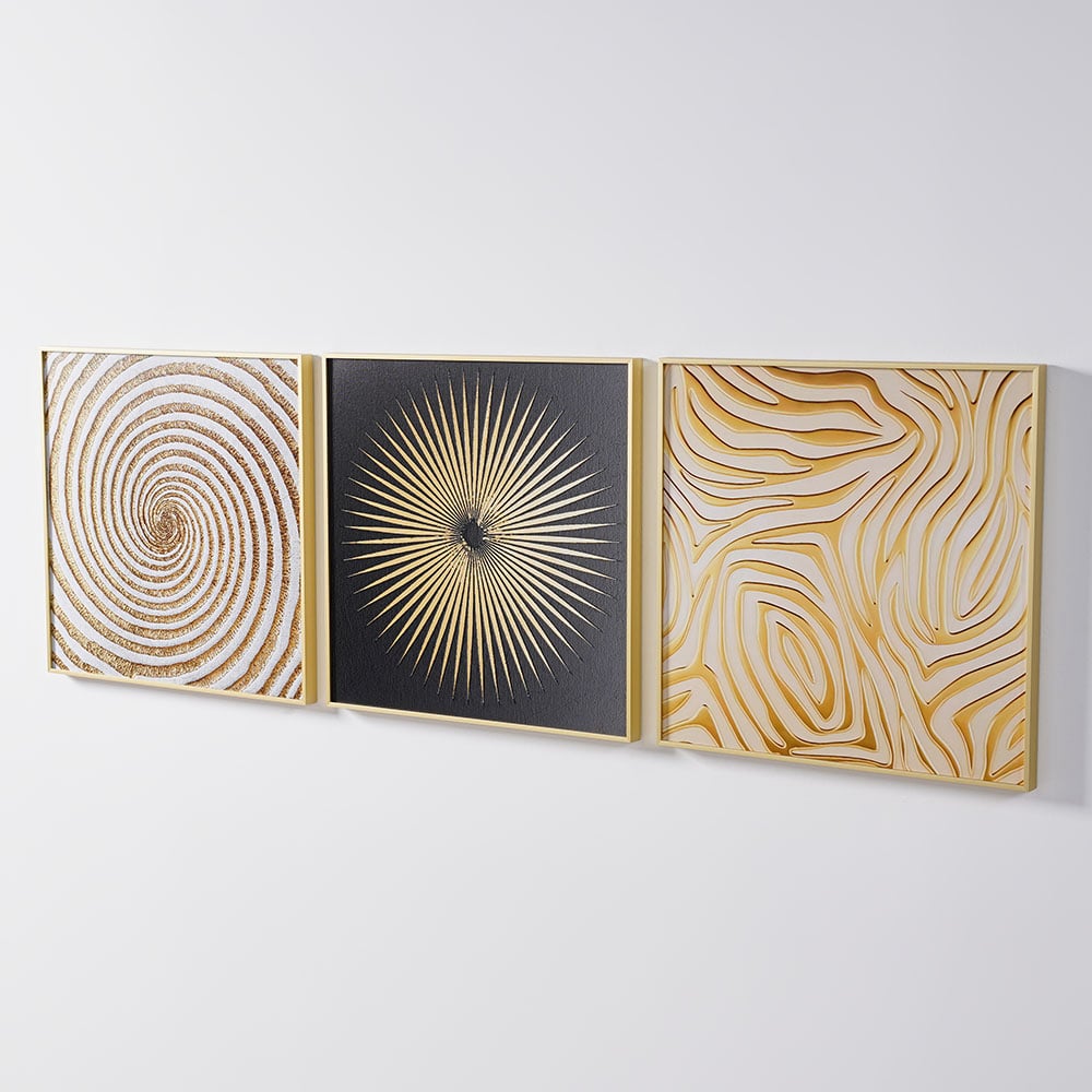 3 Pieces Glam Square Wall Decor Set Canvas Abstract Art with Frame in Gold & Black - 