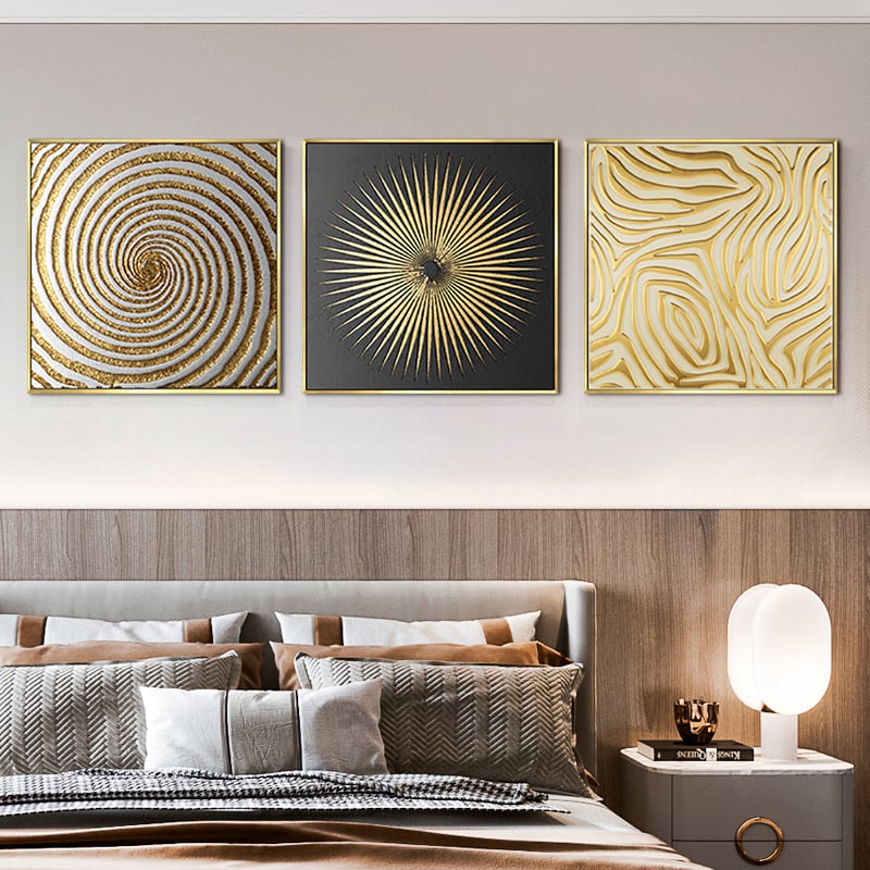 3 Pieces Glam Square Wall Decor Set Canvas Abstract Art with Frame in Gold & Black - 