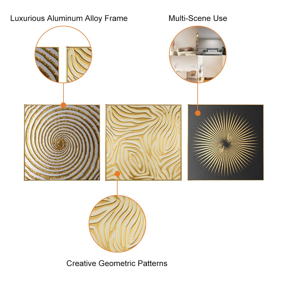 3 Pieces Glam Square Wall Decor Set Canvas Abstract Art with Frame in Gold & Black - 