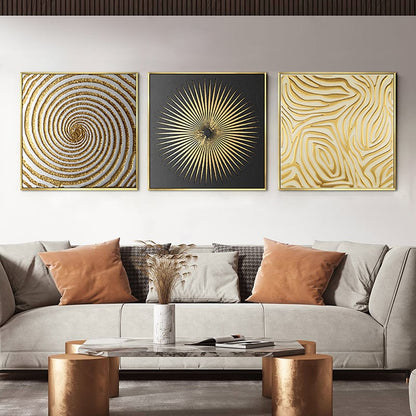 3 Pieces Glam Square Wall Decor Set Canvas Abstract Art with Frame in Gold & Black - 