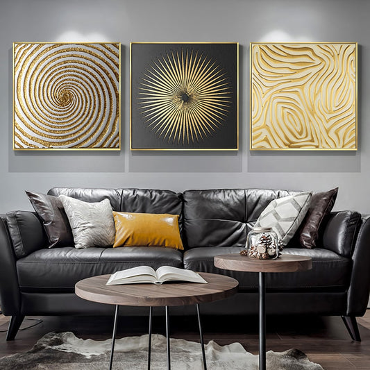 3 Pieces Glam Square Wall Decor Set Canvas Abstract Art with Frame in Gold & Black - Homary