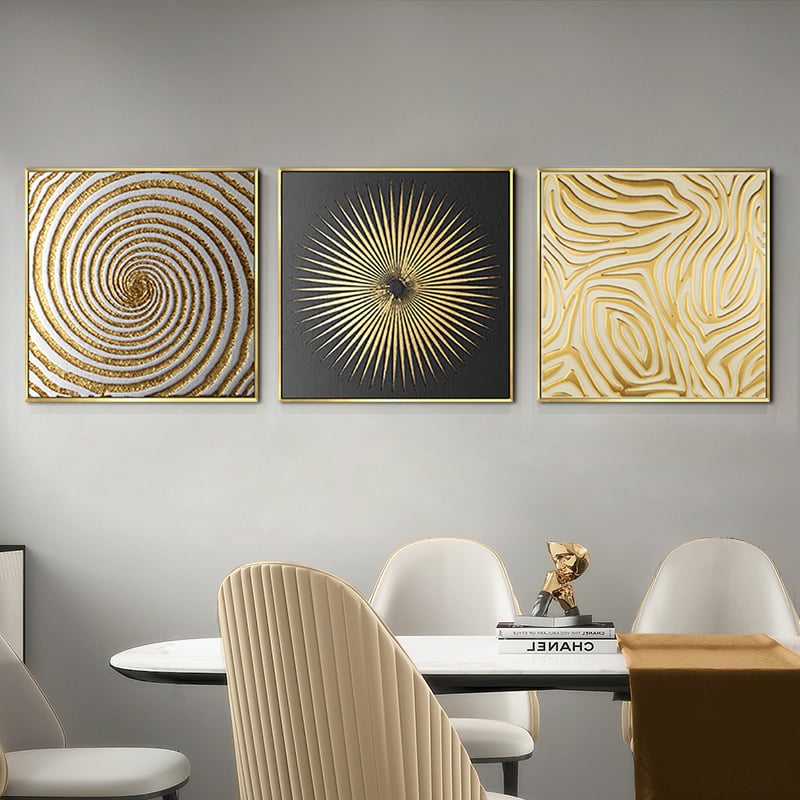 3 Pieces Glam Square Wall Decor Set Canvas Abstract Art with Frame in Gold & Black - Homary