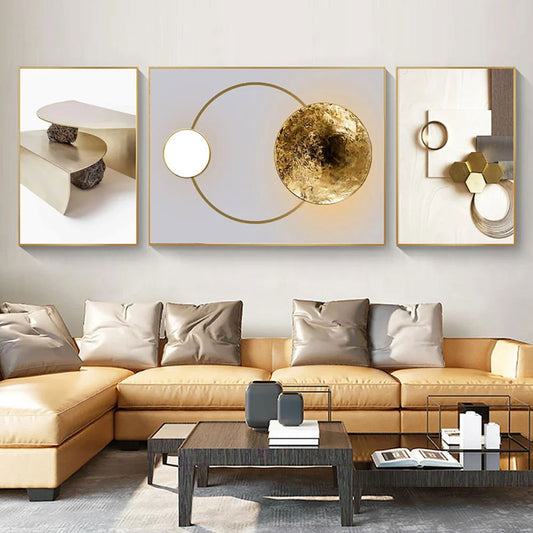3 Pieces Modern Geometric Abstract Wall Decor Set Canvas Print with Frame Living Room - Homary