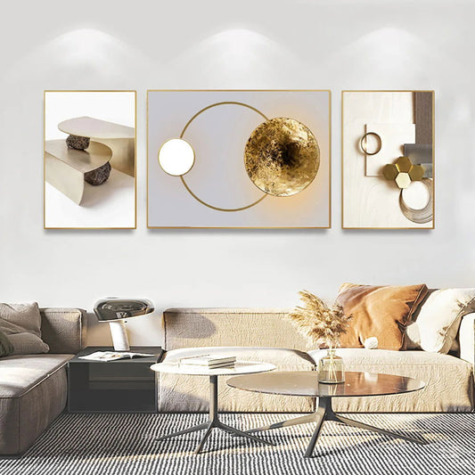 3 Pieces Modern Geometric Abstract Wall Decor Set Canvas Print with Frame Living Room - Homary
