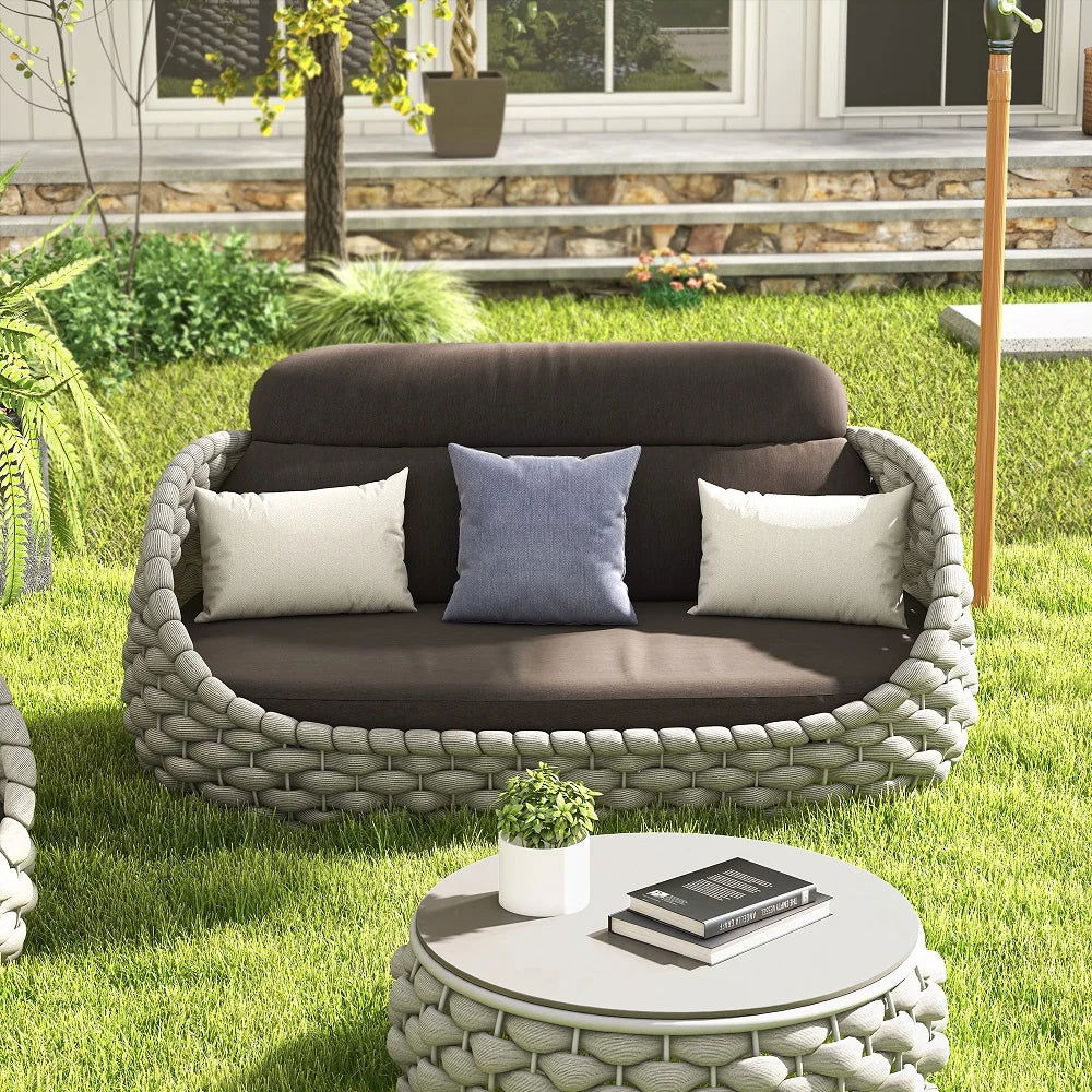 3 Seater Woven Outdoor Sofa Patio Couch in Gray Cushion & Pillow Included - 
