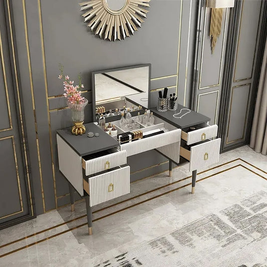 4-Drawer Makeup Vanity Table with Flip Top Mirror White & Grey - Homary