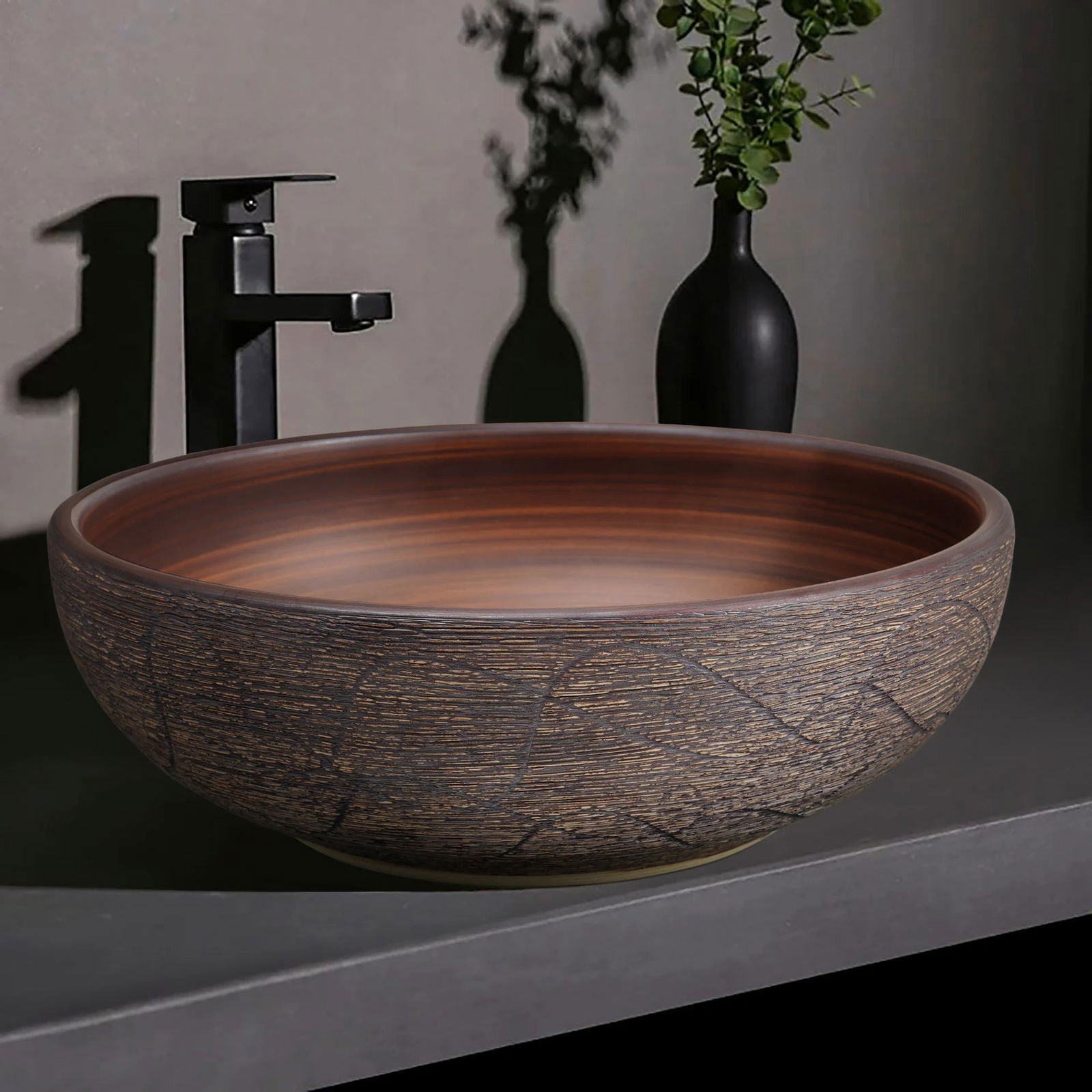 400mm Ceramic Round Bathroom Countertop Basin Retro Washbasin - Homary