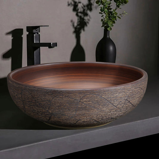 400mm Ceramic Round Bathroom Countertop Basin Retro Washbasin - Homary