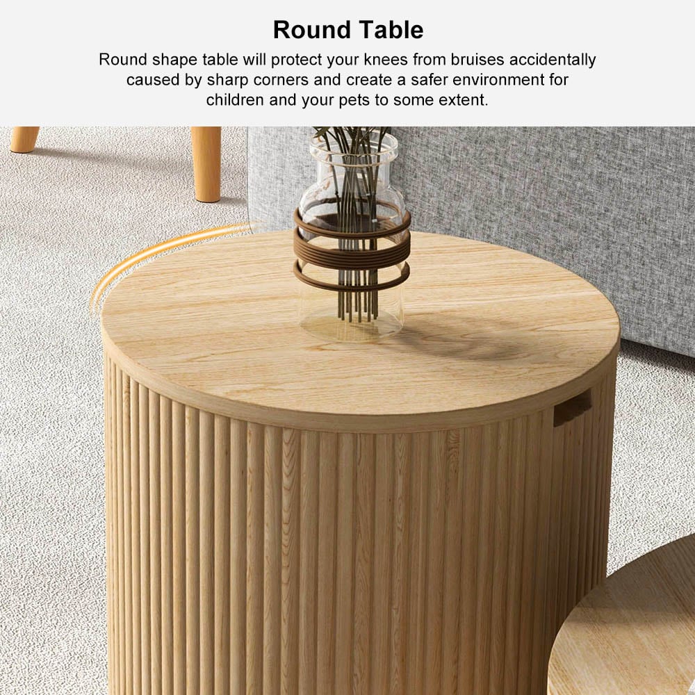 400mm Japandi Round Wood Coffee Table with Storage in Natural - 