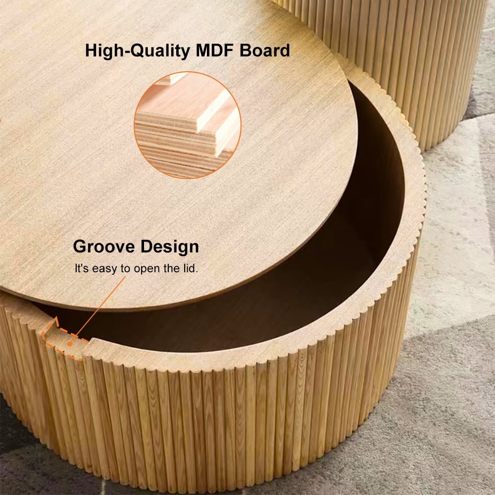 400mm Japandi Round Wood Coffee Table with Storage in Natural - 