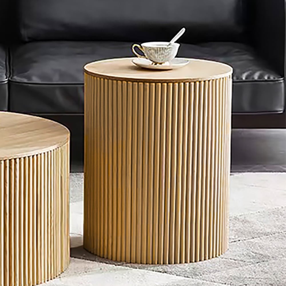 400mm Japandi Round Wood Coffee Table with Storage in Natural - Homary