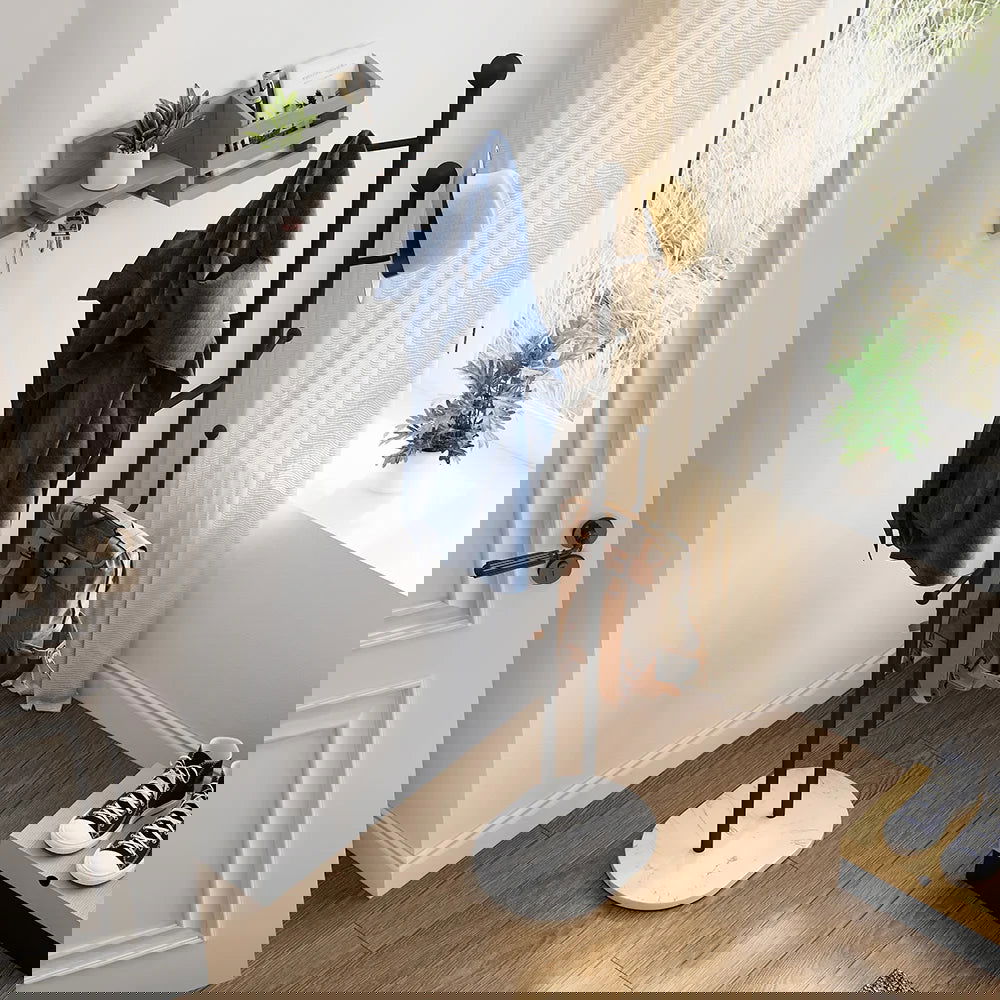 400mm Modern Entryway Freestanding Coat Rack Metal 7 Hooks Marble Base in Black - 