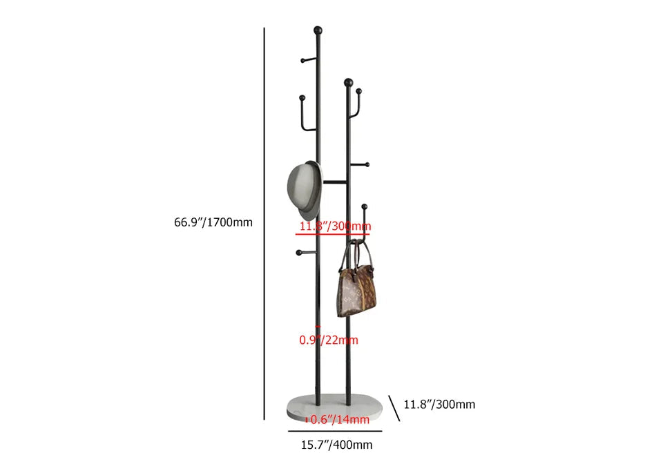 400mm Modern Entryway Freestanding Coat Rack Metal 7 Hooks Marble Base in Black - 