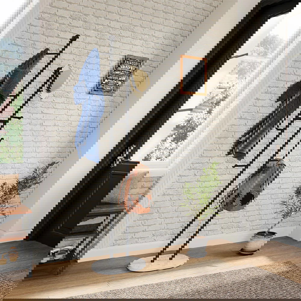 400mm Modern Entryway Freestanding Coat Rack Metal 7 Hooks Marble Base in Black - 