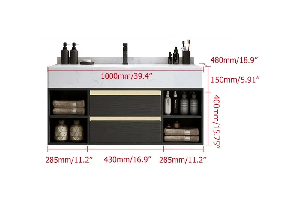 40" Floating Bathroom Vanity Set with Ceramic Sink 2 Drawers & Open Shelves in Black - 