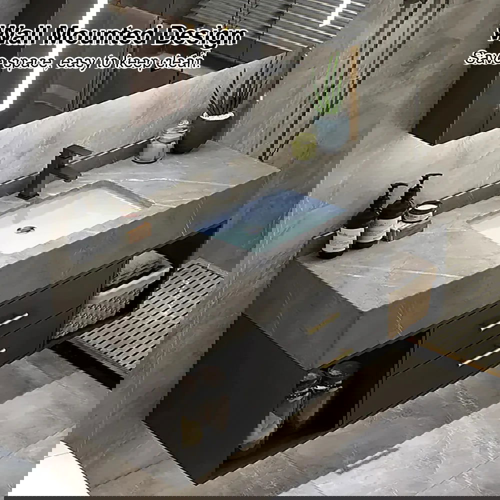 40" Floating Bathroom Vanity with Sintered Stone Vessel Sink Black and Gray - 