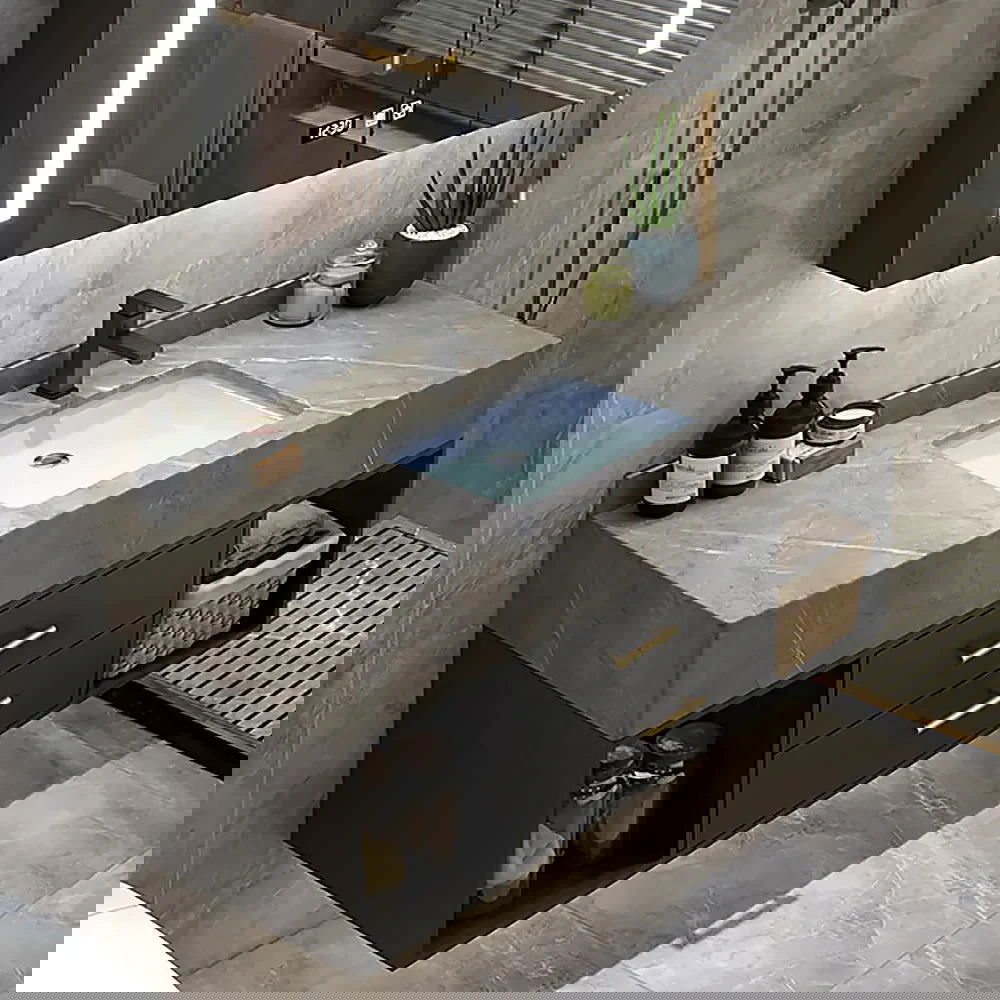 40" Floating Bathroom Vanity with Sintered Stone Vessel Sink Black and Gray - Homary