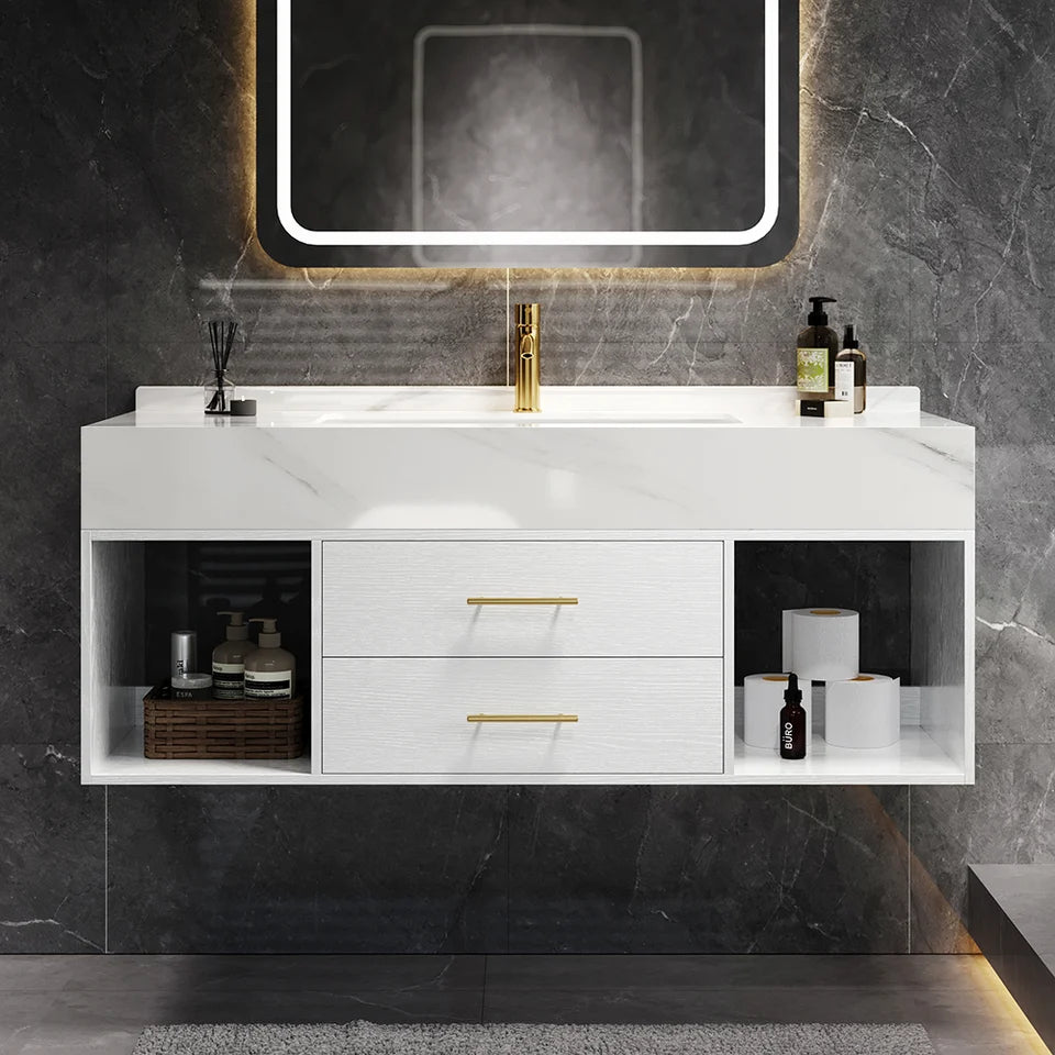 35" Floating Bathroom Vanity with Sintered Stone Vessel Sink with 2 Drawers in White