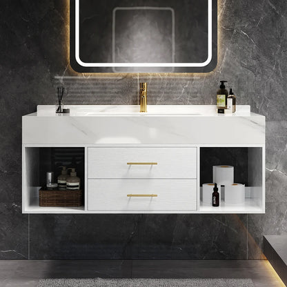 35" Floating Bathroom Vanity with Sintered Stone Vessel Sink with 2 Drawers in White