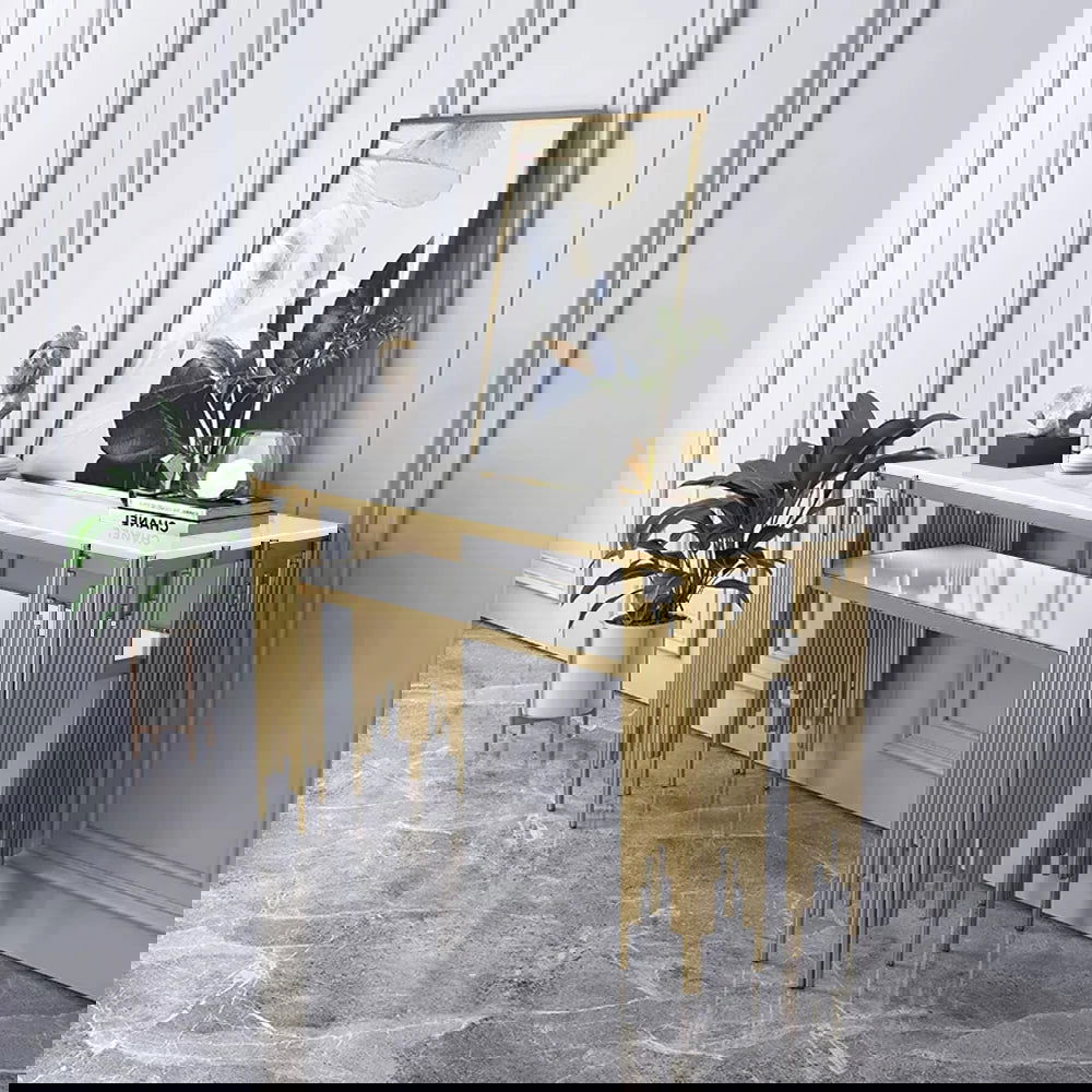 47.2" Modern White Faux Marble Narrow Console Table with Storage Shelf and 4 Gold Legs - 