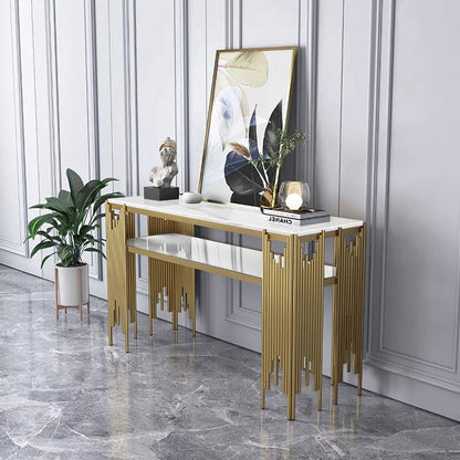 47.2" Modern White Faux Marble Narrow Console Table with Storage Shelf and 4 Gold Legs - 