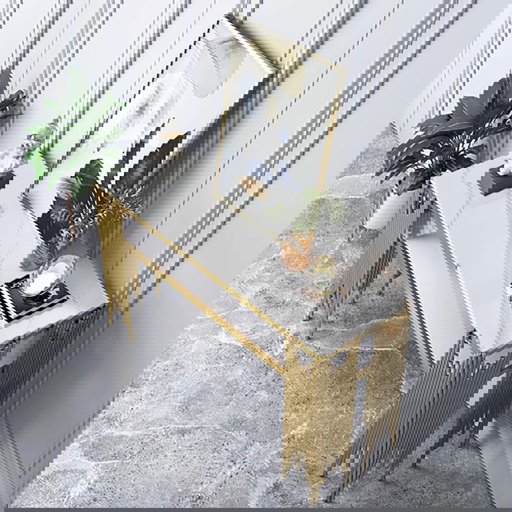 47.2" Modern White Faux Marble Narrow Console Table with Storage Shelf and 4 Gold Legs - 