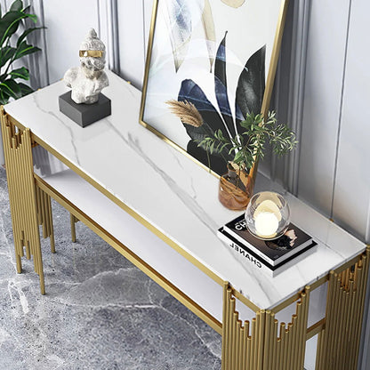 47.2" Modern White Faux Marble Narrow Console Table with Storage Shelf and 4 Gold Legs - 