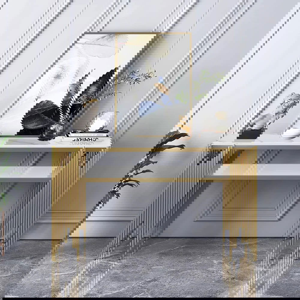 47.2" Modern White Faux Marble Narrow Console Table with Storage Shelf and 4 Gold Legs - Homary