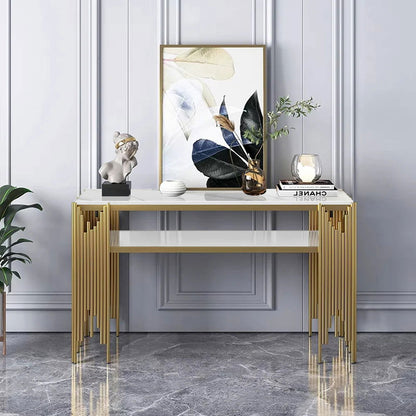 47.2" Modern White Faux Marble Narrow Console Table with Storage Shelf and 4 Gold Legs - Homary