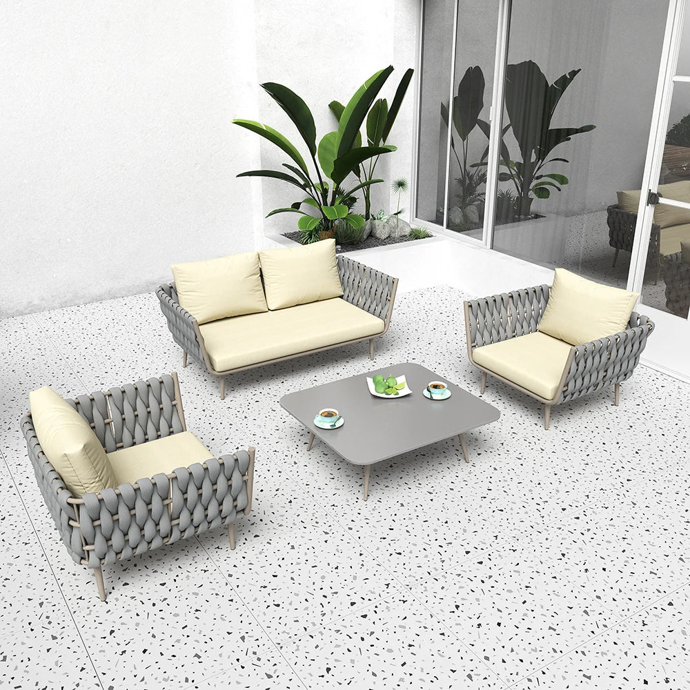 4 Pieces Outdoor Sectional Sofa Set with Webbing Seats and Cushions in Beige & Grey - Homary