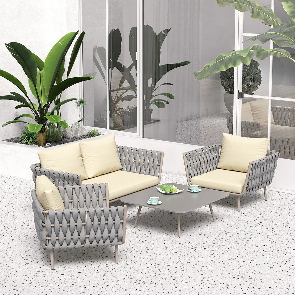 4 Pieces Outdoor Sectional Sofa Set with Webbing Seats and Cushions in Beige & Grey - Homary