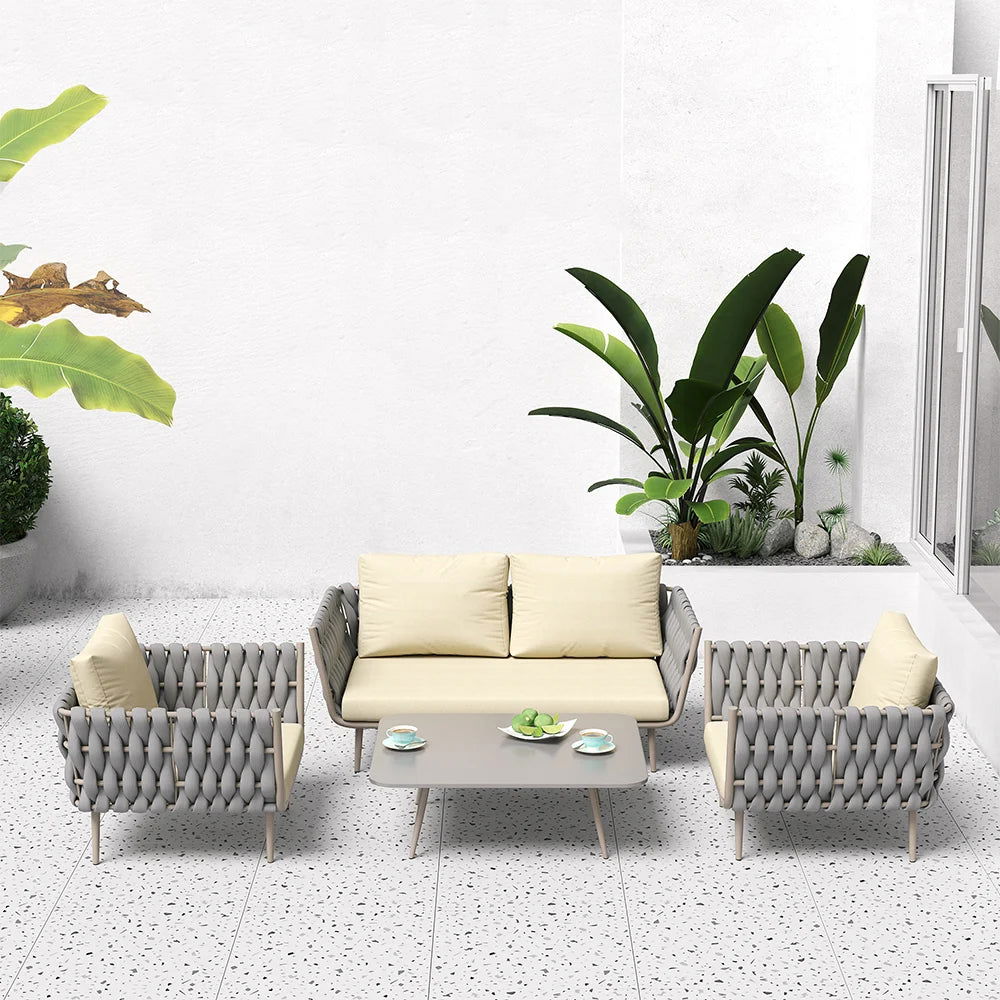 4 Pieces Outdoor Sectional Sofa Set with Webbing Seats and Cushions in Beige & Grey - Homary