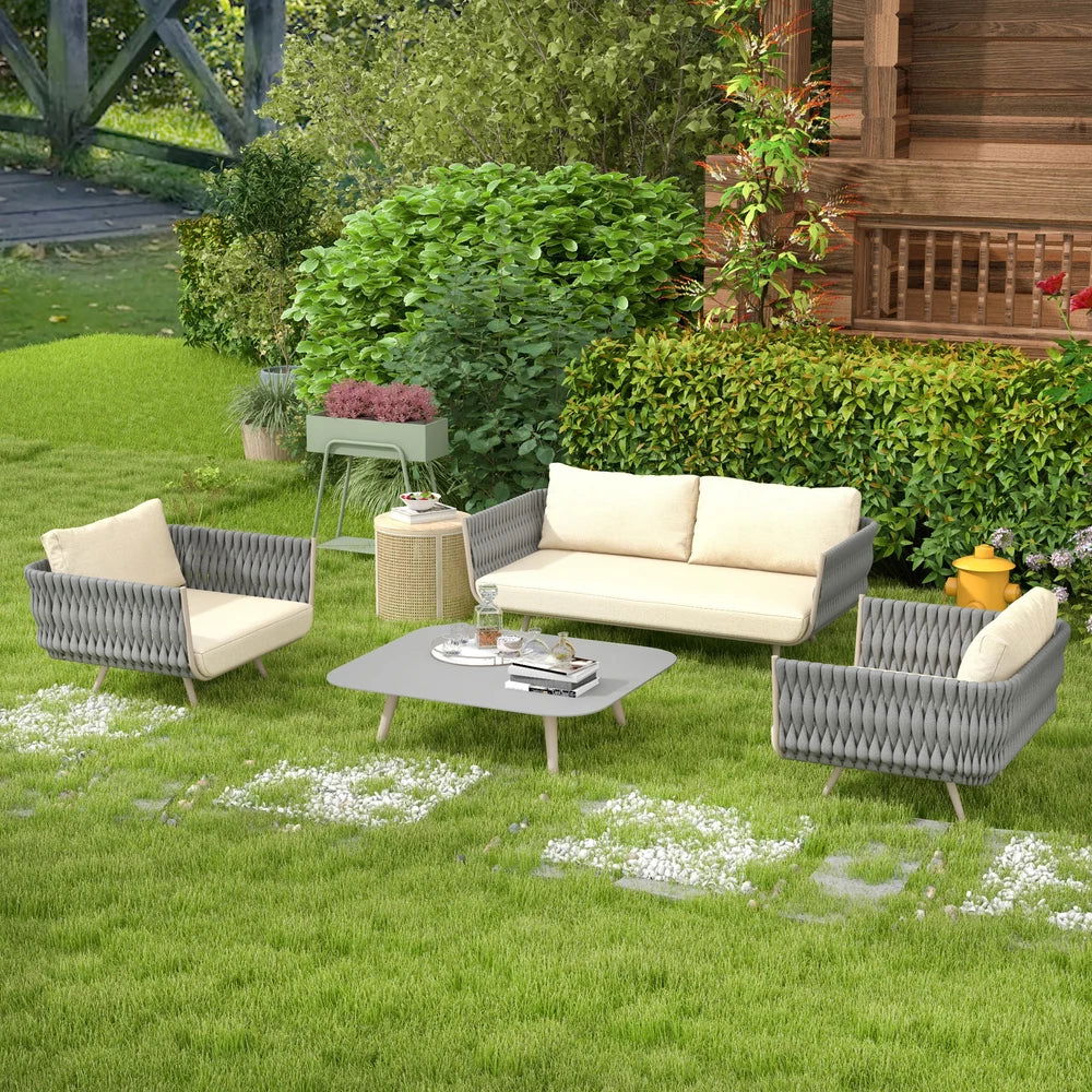 4 Pieces Outdoor Sectional Sofa Set with Webbing Seats and Cushions in Beige & Grey - Homary