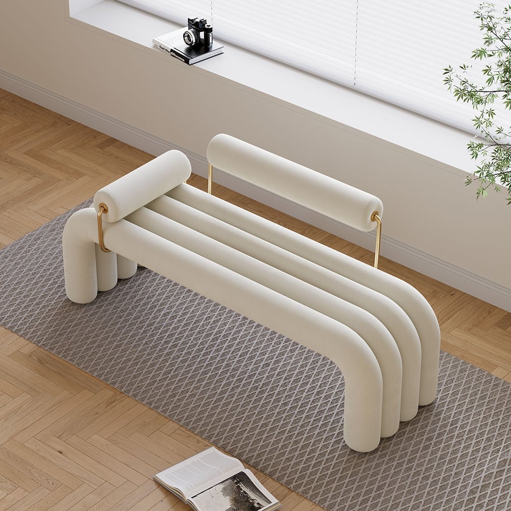 Modern White Line Tufted Bench Velvet Upholstered Entryway Bench in Gold Finish