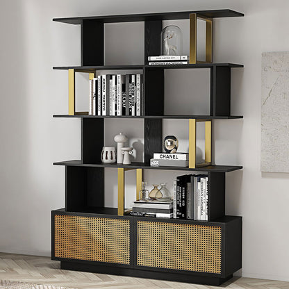 5-Tier Black Wood Bookshelf with 2 Doors Modern Bookcase in Gold Finish - Homary