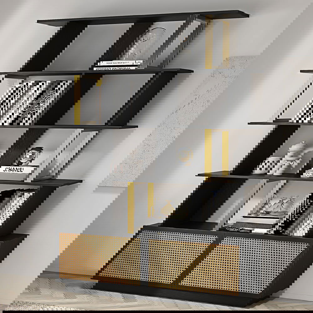 5-Tier Black Wood Bookshelf with 2 Doors Modern Bookcase in Gold Finish - Homary