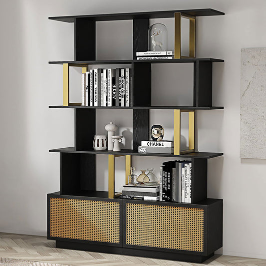 5-Tier Black Wood Bookshelf with 2 Doors Modern Bookcase in Gold Finish - Homary