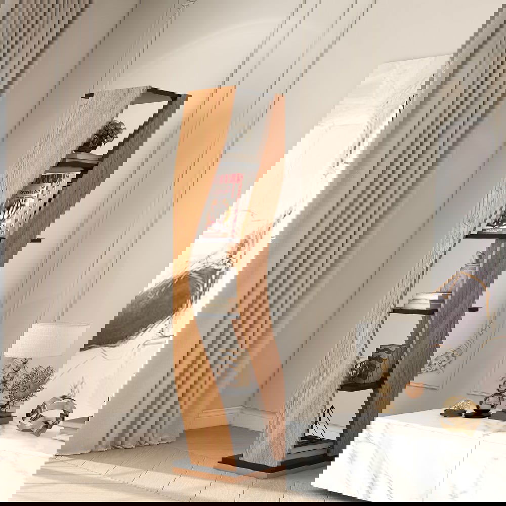 5-Tier Geometric Bookshelf Curved Shape Industrial Bookcase in Walnut & Black Rotating - 