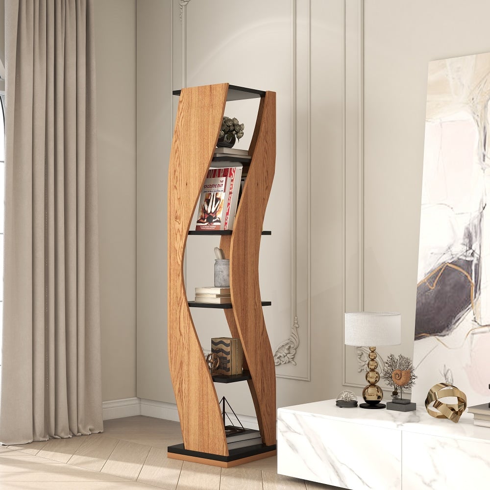 5-Tier Geometric Bookshelf Curved Shape Industrial Bookcase in Walnut & Black Rotating - 