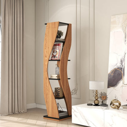 5-Tier Geometric Bookshelf Curved Shape Industrial Bookcase in Walnut & Black Rotating - 