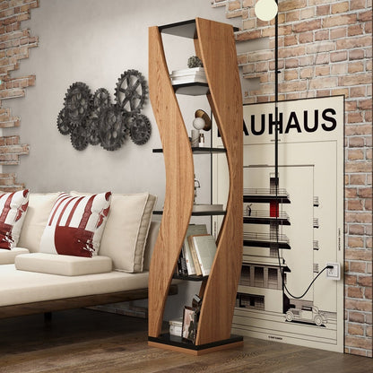 5-Tier Geometric Bookshelf Curved Shape Industrial Bookcase in Walnut & Black Rotating - 