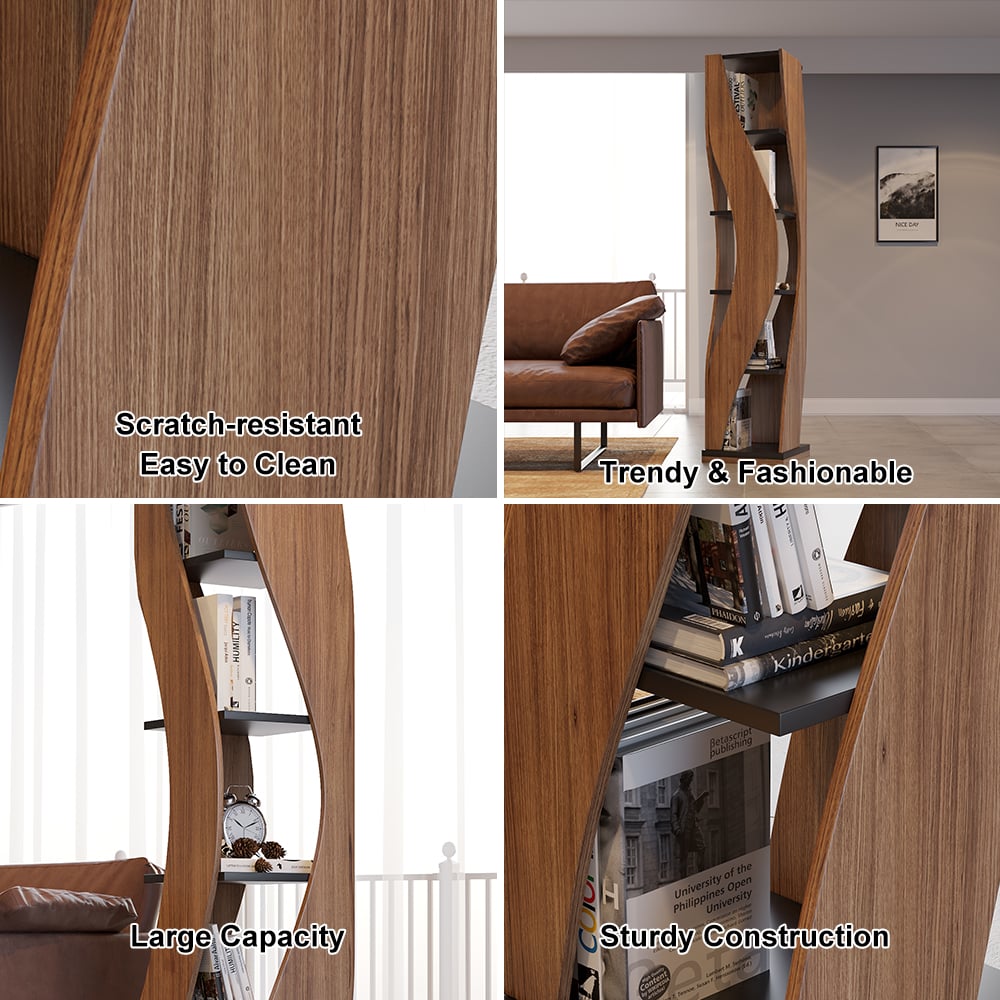 5-Tier Geometric Bookshelf Curved Shape Industrial Bookcase in Walnut & Black Rotating - 