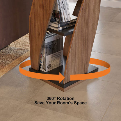 5-Tier Geometric Bookshelf Curved Shape Industrial Bookcase in Walnut & Black Rotating - 