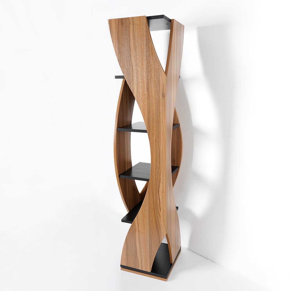 5-Tier Geometric Bookshelf Curved Shape Industrial Bookcase in Walnut & Black Rotating - 