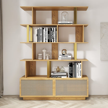 5-Tier Natural Wood Bookshelf with 2 Doors Modern Bookcase in Gold Finish - 