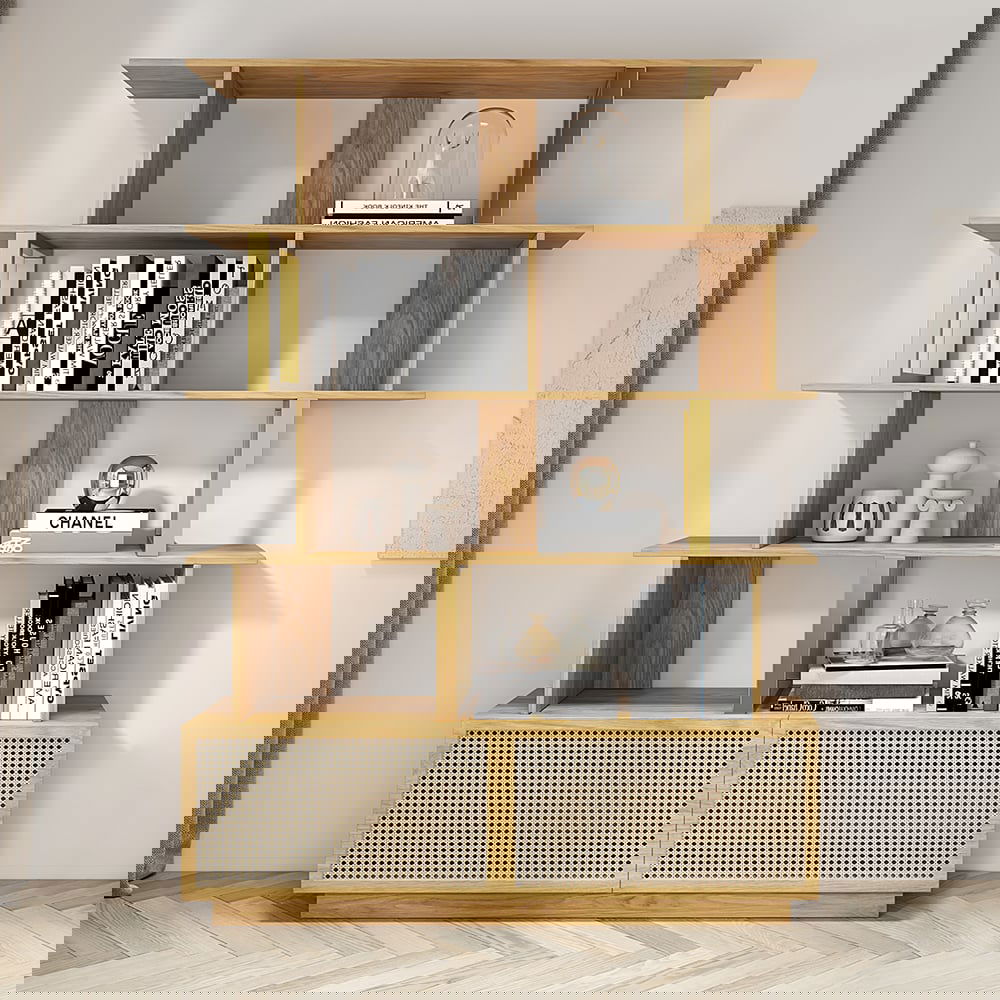 5-Tier Natural Wood Bookshelf with 2 Doors Modern Bookcase in Gold Finish - 