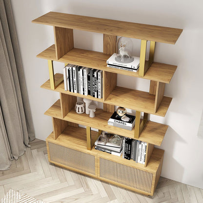 5-Tier Natural Wood Bookshelf with 2 Doors Modern Bookcase in Gold Finish - 