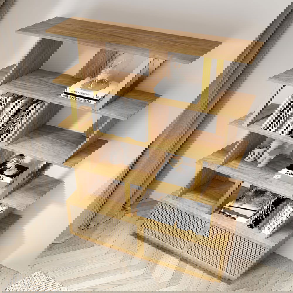 5-Tier Natural Wood Bookshelf with 2 Doors Modern Bookcase in Gold Finish - 