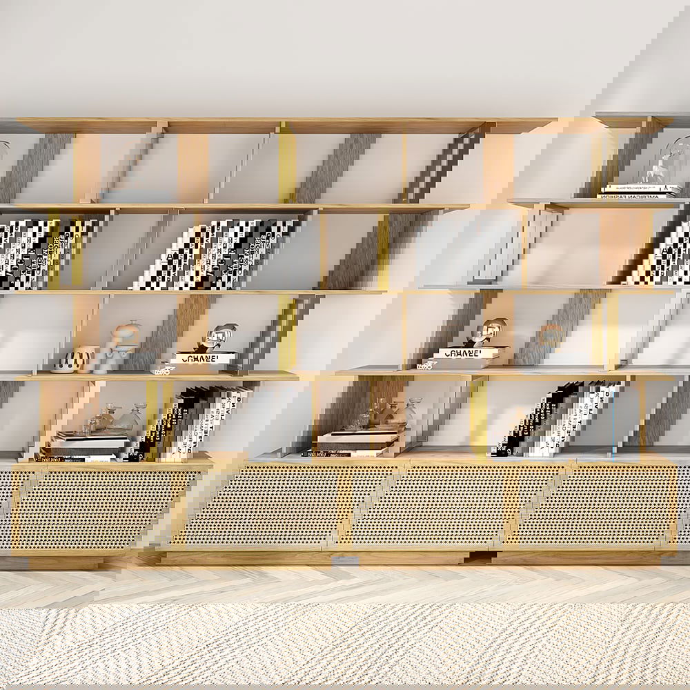 5-Tier Natural Wood Bookshelf with 2 Doors Modern Bookcase in Gold Finish - 